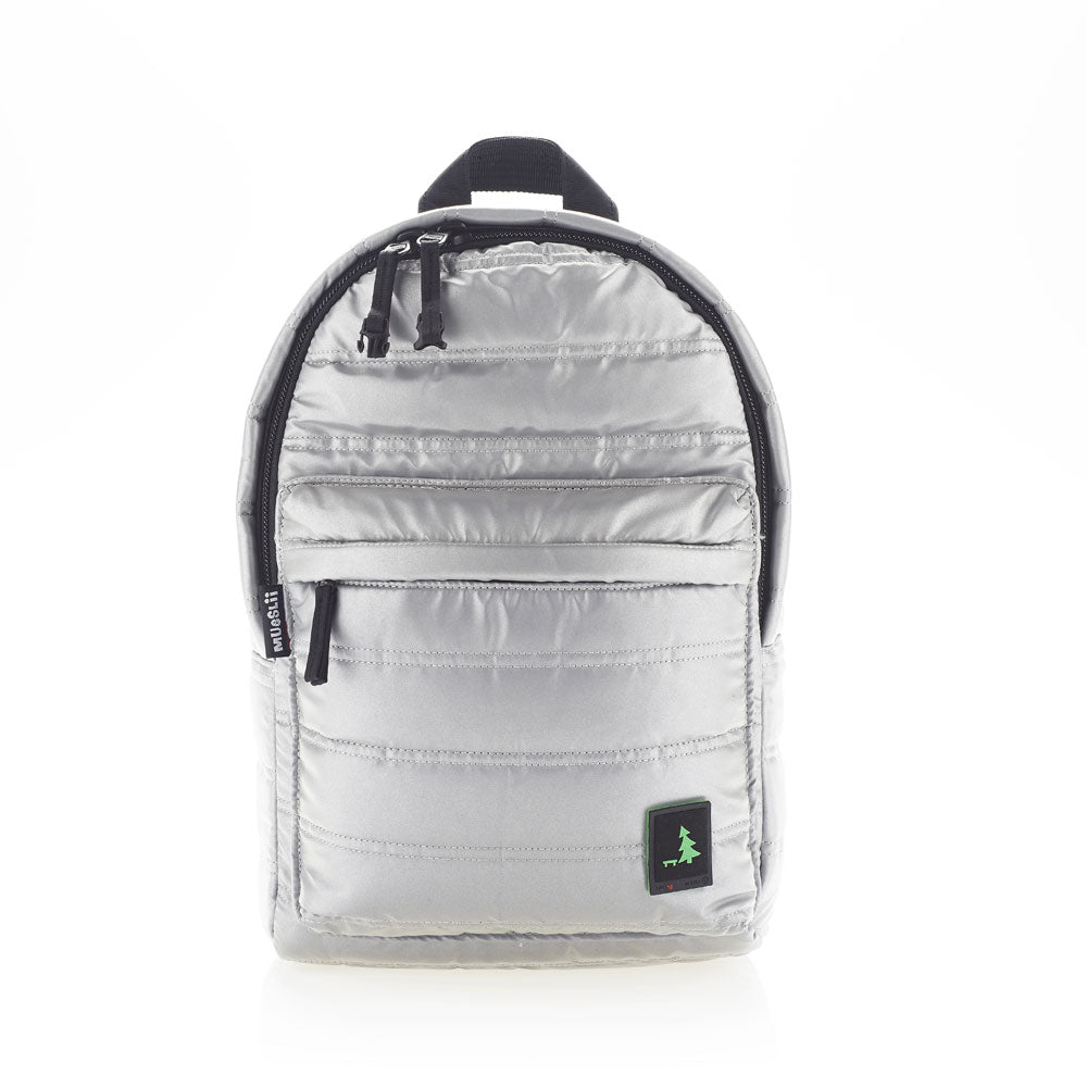 Mueslii original puffer daily backpack made of high density nylon and Ykk zips, color reflective, front view.