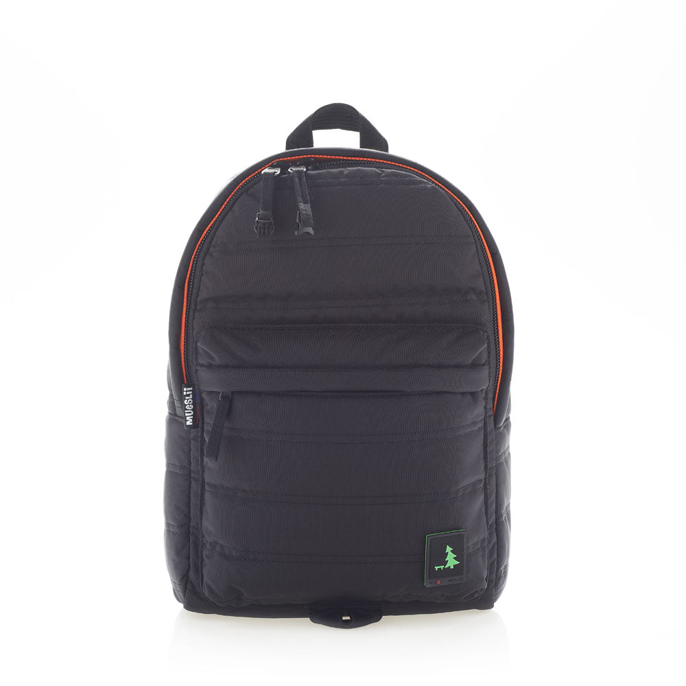 Mueslii original puffer daily backpack made of high density nylon and Ykk zips, color black, front view.