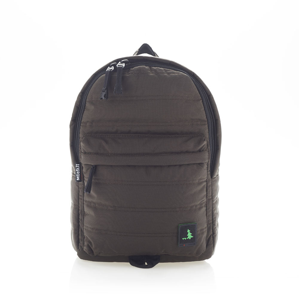 Mueslii original puffer daily backpack made of high density nylon and Ykk zips, color brown, front view.