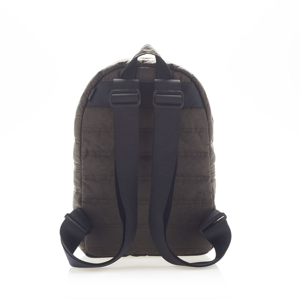 Mueslii original puffer daily backpack made of high density nylon and Ykk zips, color brown, back view.