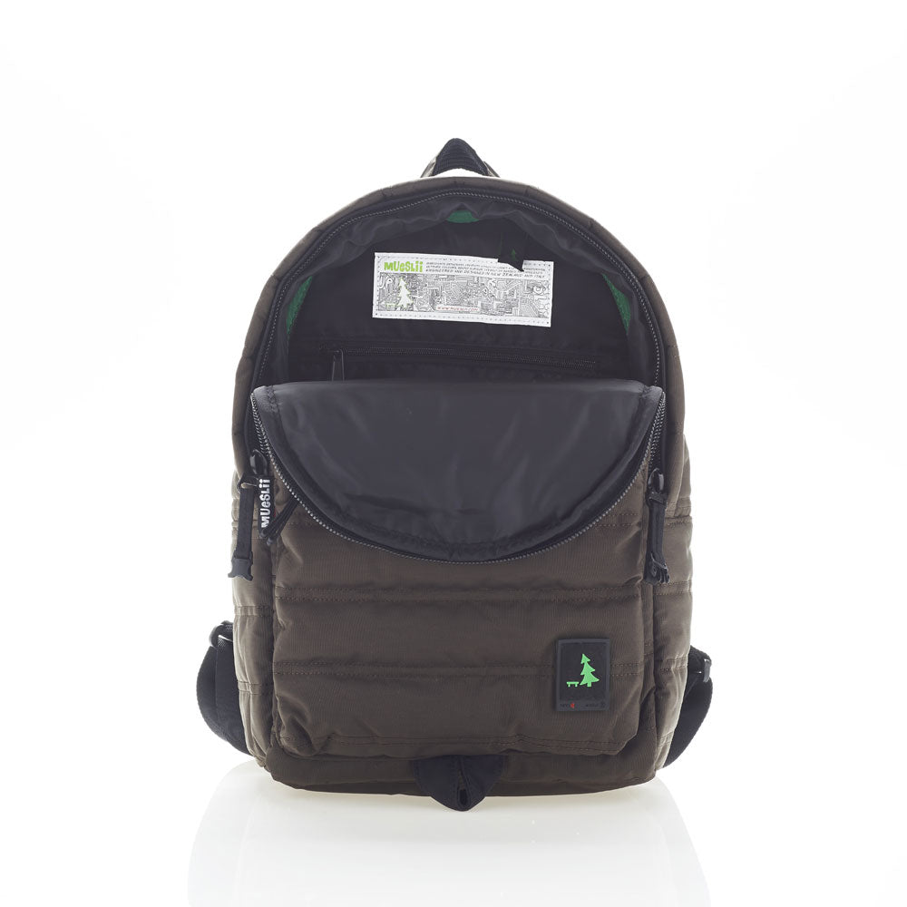 Mueslii original puffer daily backpack made of high density nylon and Ykk zips, color brown, inside view.