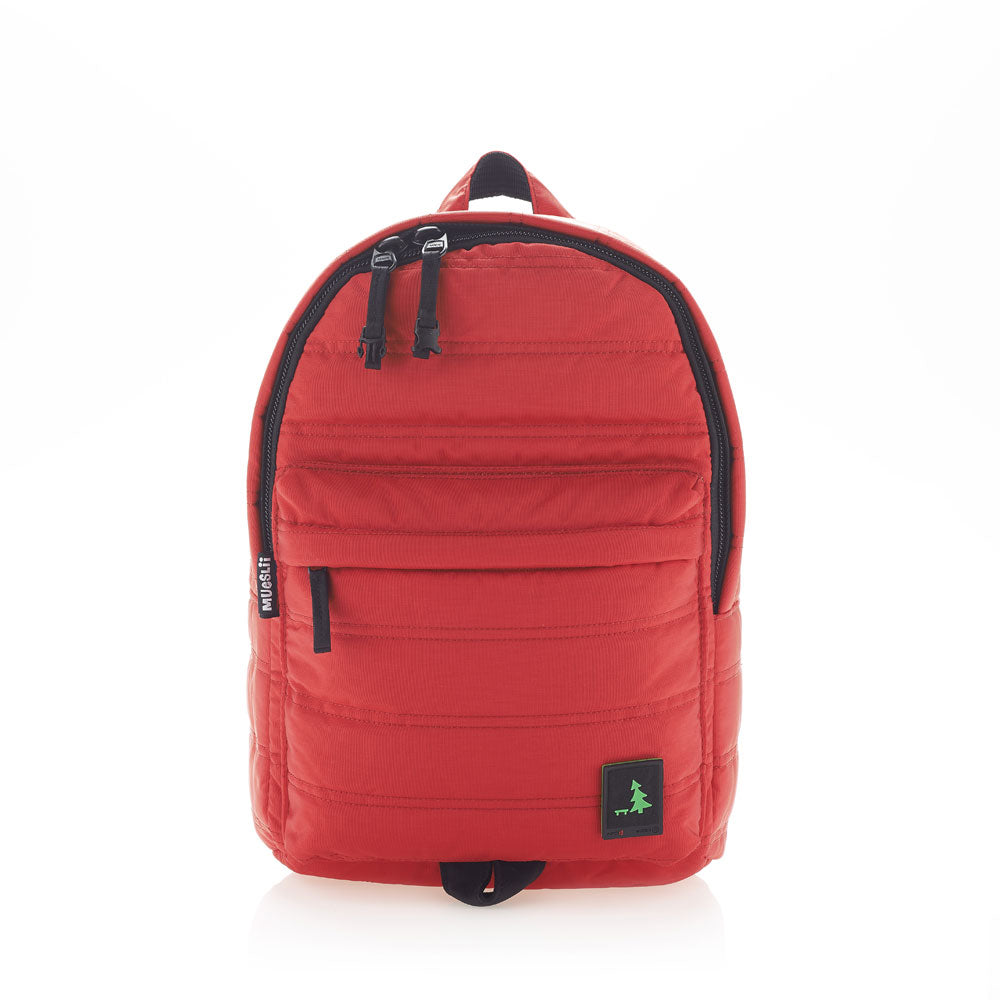 Mueslii original puffer daily backpack made of high density nylon and Ykk zips, color red, front view.