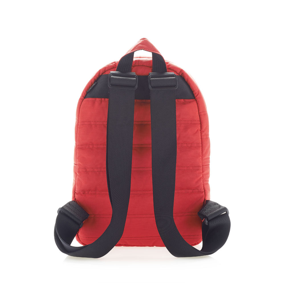 Mueslii original puffer daily backpack made of high density nylon and Ykk zips, color red, back view.