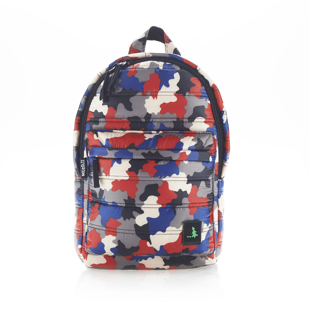 Mueslii original puffer daily backpack made of high density nylon and Ykk zips, color white, red, black and blue. Front view.