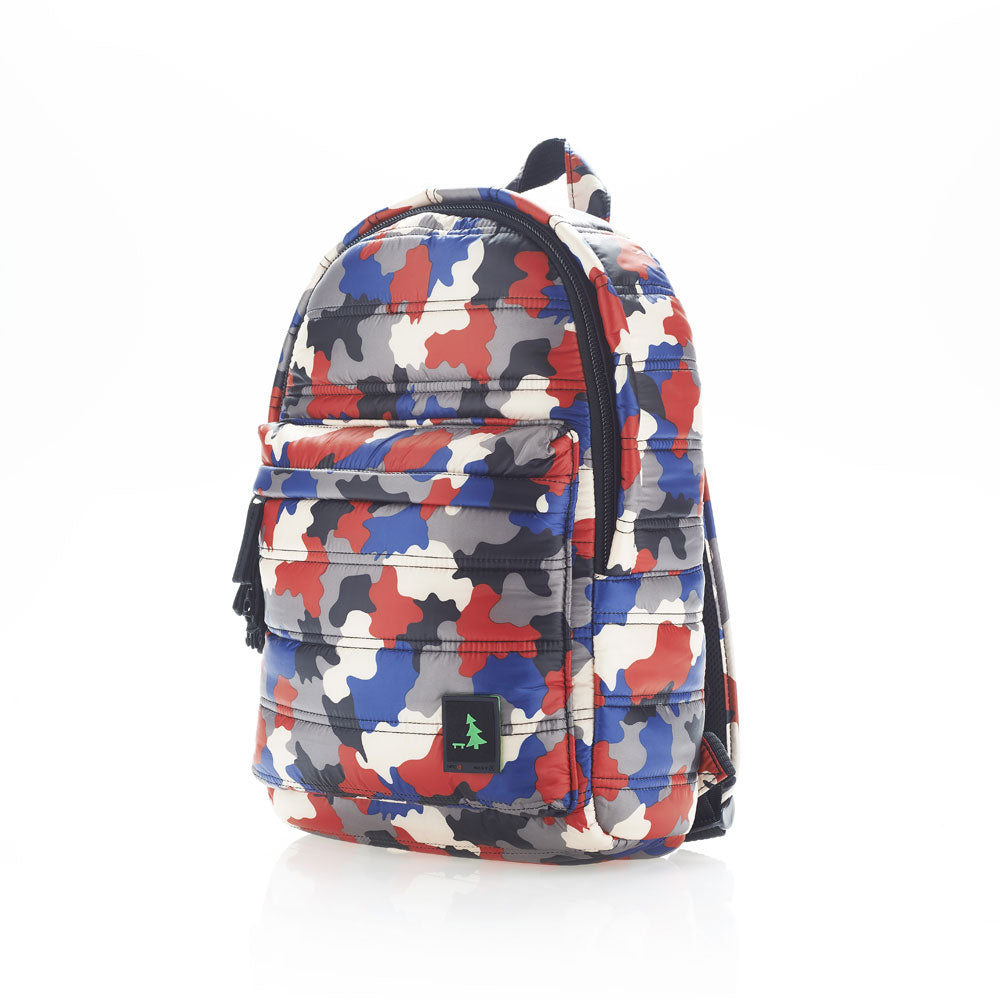 Mueslii original puffer daily backpack made of high density nylon and Ykk zips, RB Camo, color red blue white black.