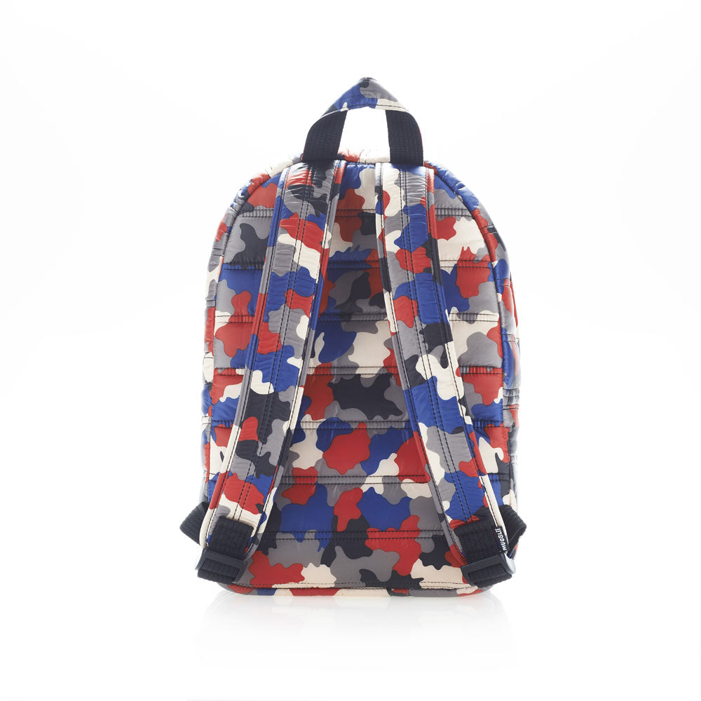 Mueslii original puffer daily backpack made of high density nylon and Ykk zips, RB Camo, color red blue white black, back view.