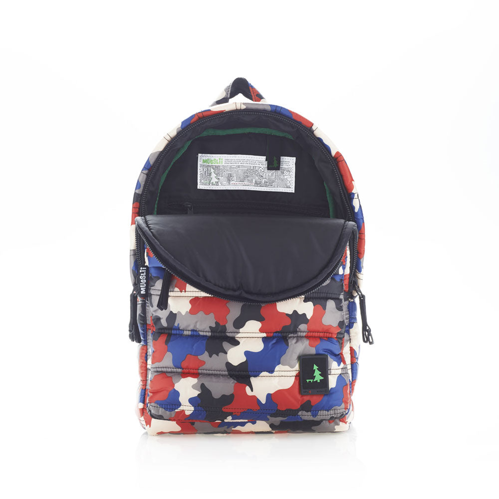 Mueslii original puffer daily backpack made of high density nylon and Ykk zips, RB Camo, color red blue white black, inside view.