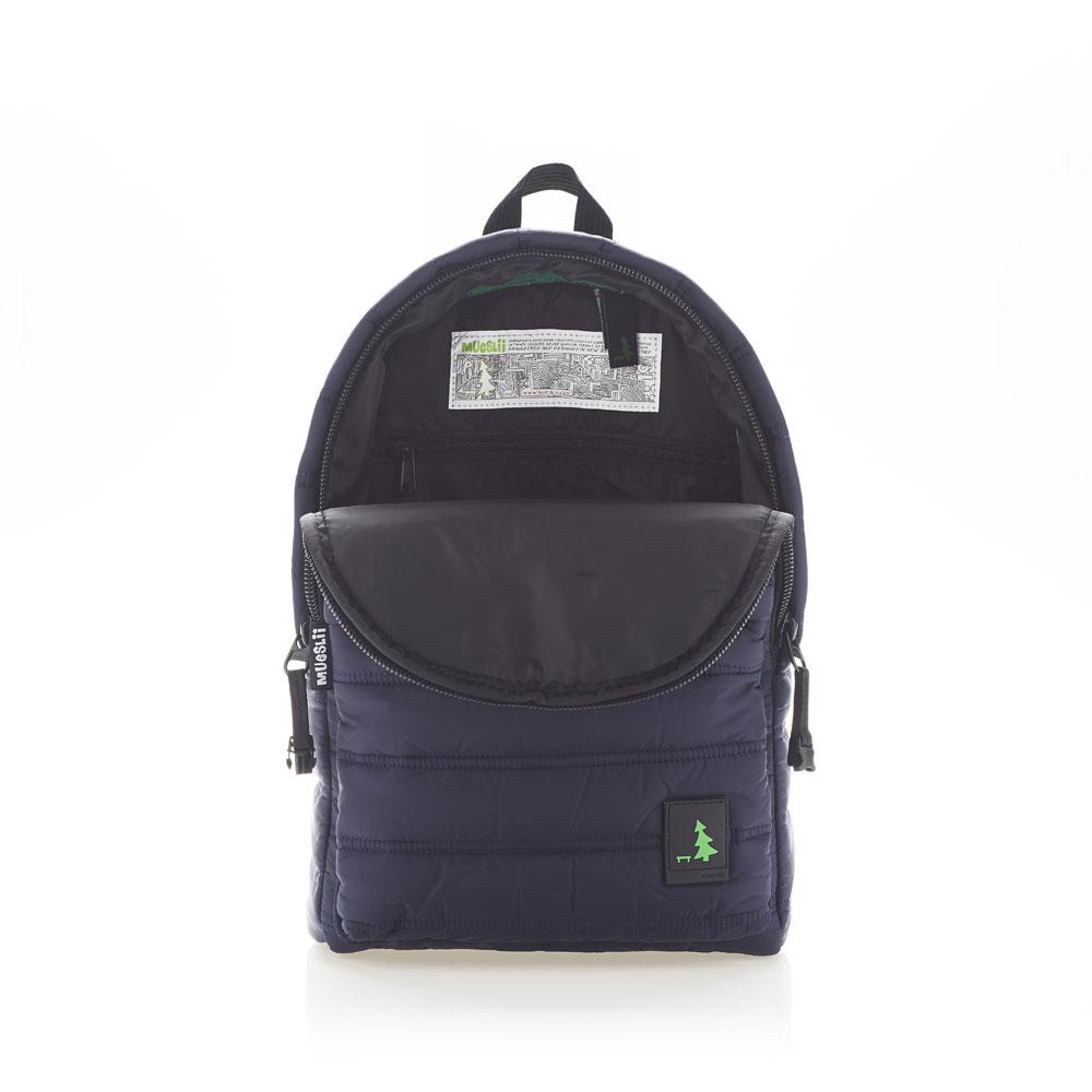 Mueslii original puffer daily backpack made of made of matte nylon and Ykk zips, color dark blue, inside view.