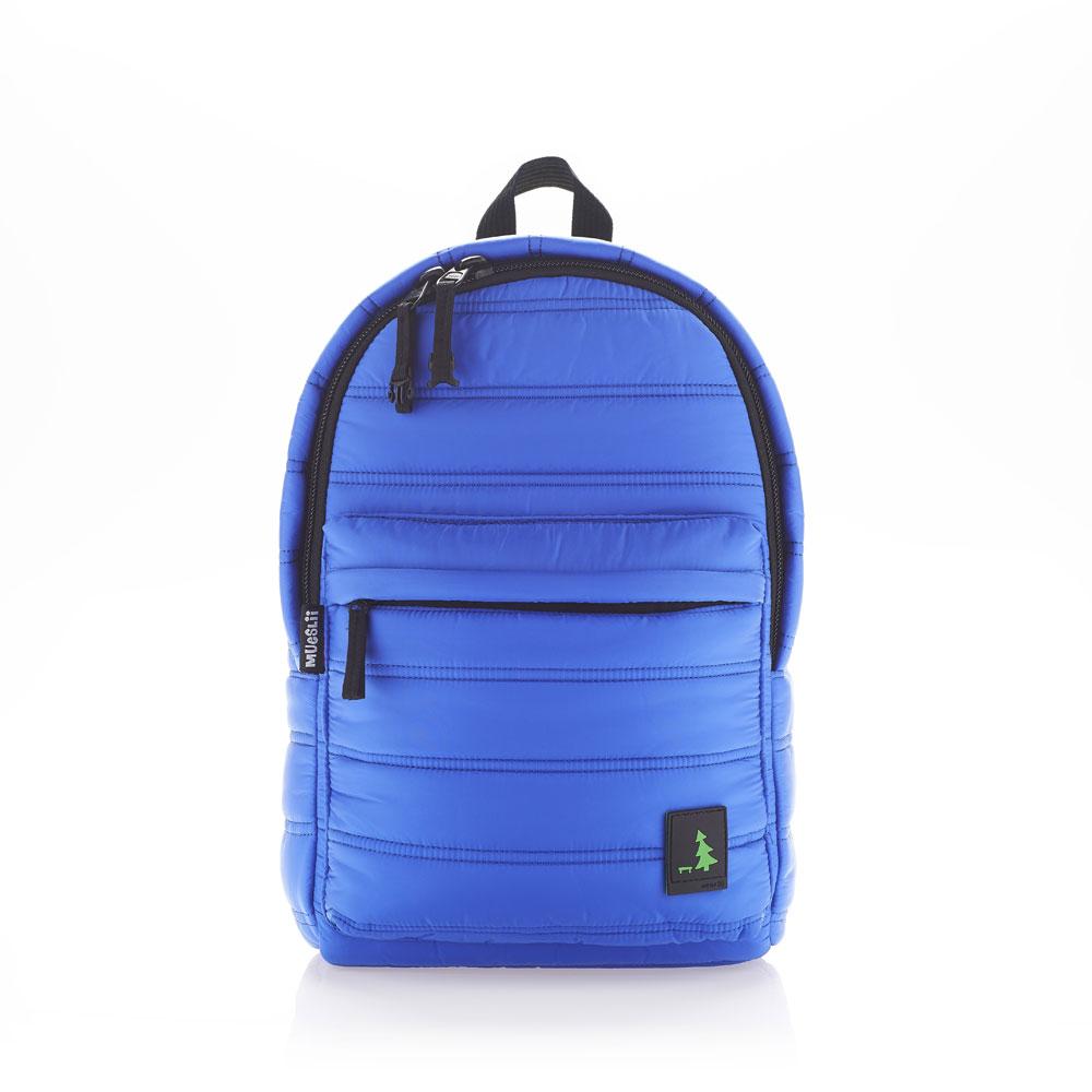 Mueslii original puffer daily backpack made of made of matte nylon and Ykk zips, color electric blue, front view.