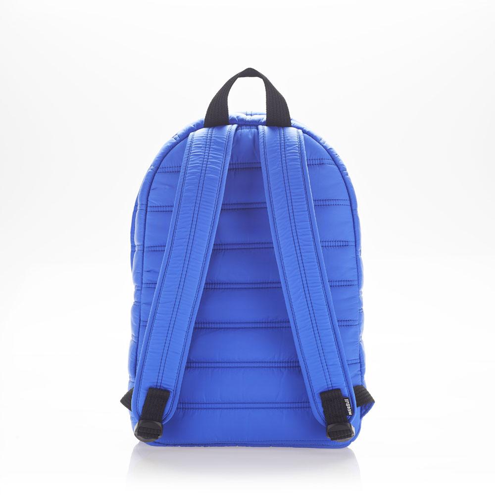 Mueslii original puffer daily backpack made of made of matte nylon and Ykk zips, color electric blue, back view.