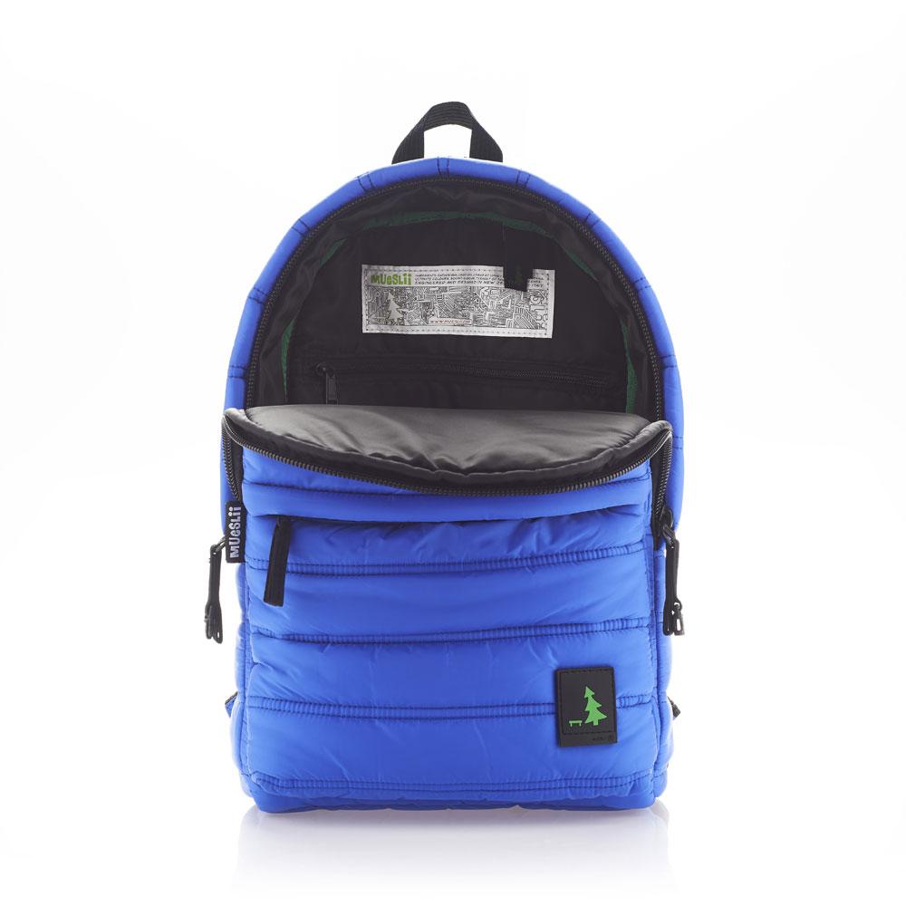 Mueslii original puffer daily backpack made of made of matte nylon and Ykk zips, color electric blue, inside view..