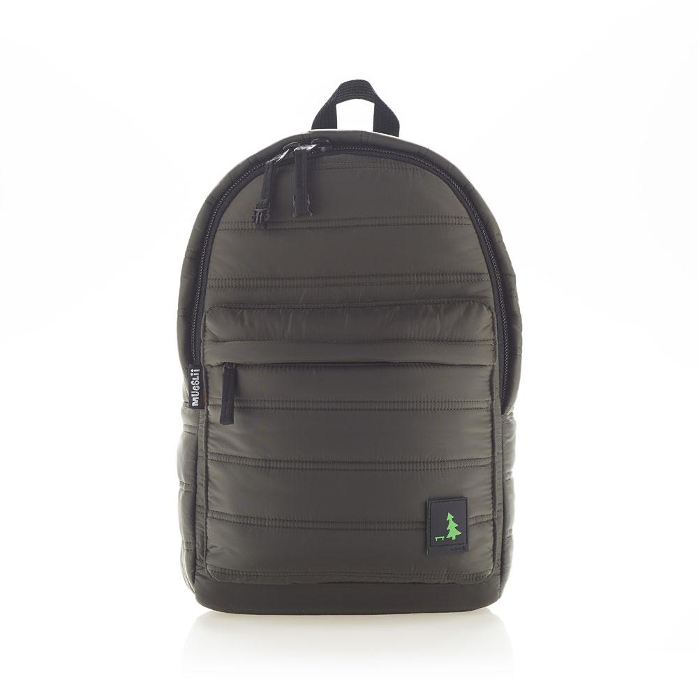 Mueslii original puffer daily backpack made of made of matte nylon and Ykk zips, color dark green, front view.