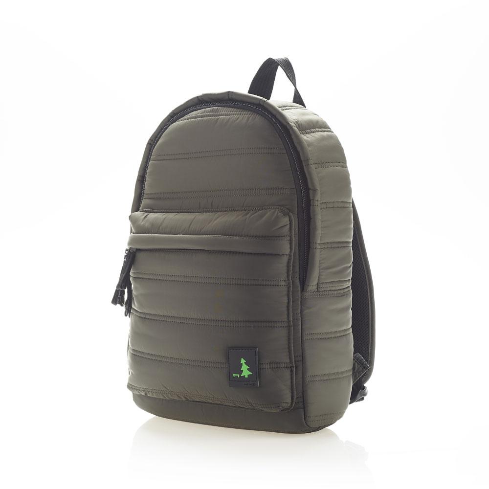 Mueslii original puffer daily backpack made of made of matte nylon and Ykk zips, color dark green, unisex model.
