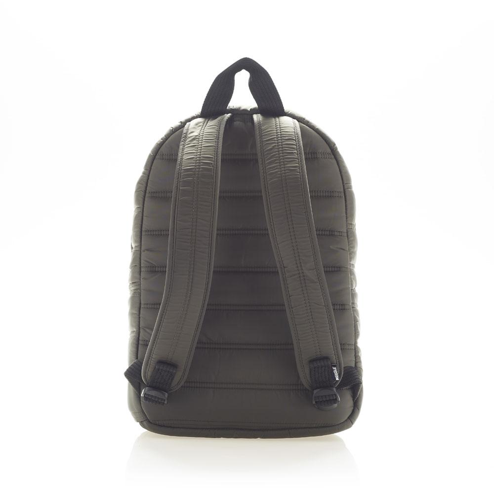 Mueslii original puffer daily backpack made of made of matte nylon and Ykk zips, color dark green, back view.
