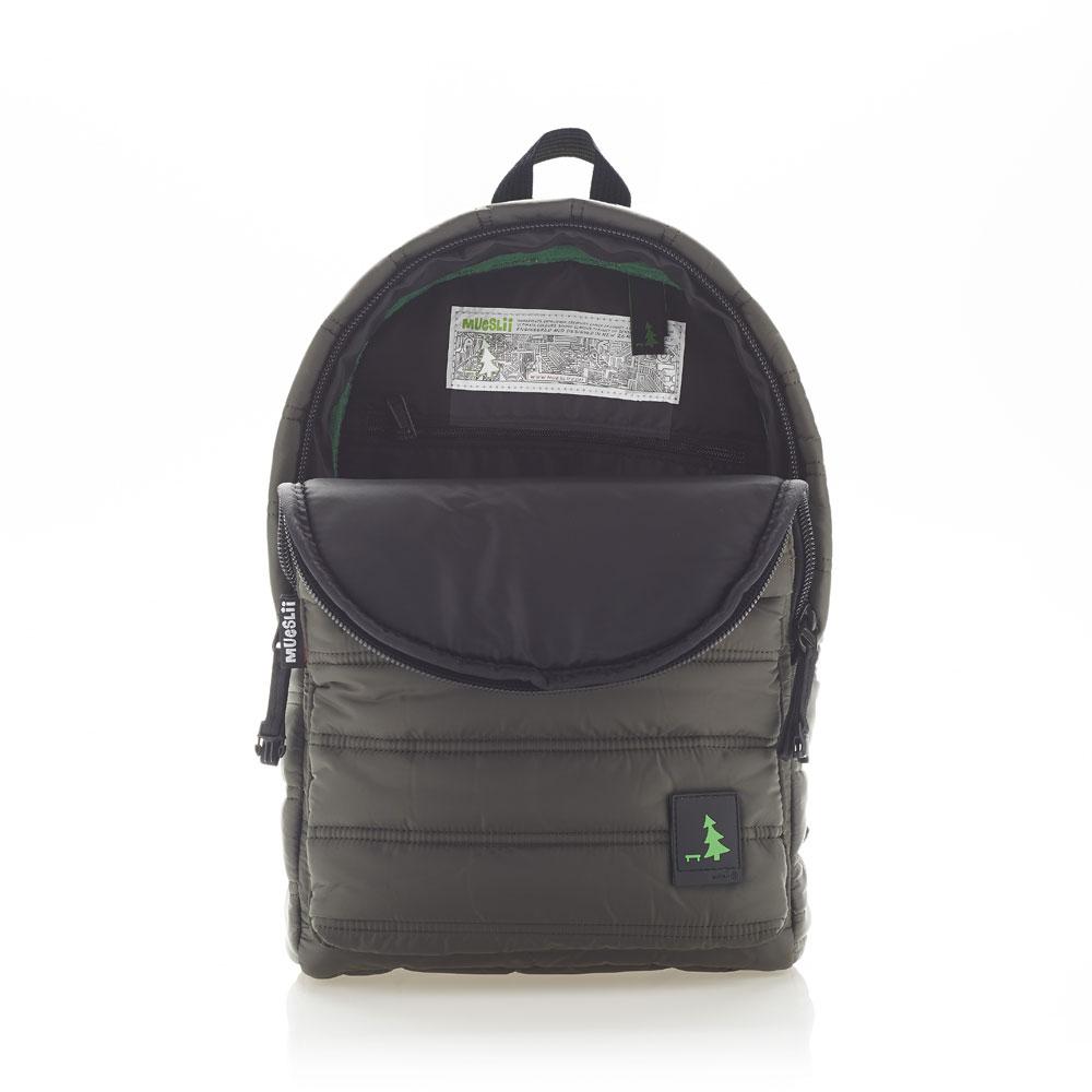 Mueslii original puffer daily backpack made of made of matte nylon and Ykk zips, color dark green, inside view.