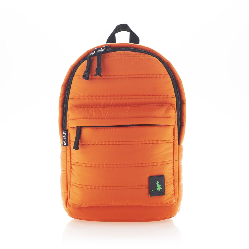 Mueslii original puffer daily backpack made of made of matte nylon and Ykk zips, color orange, front view.