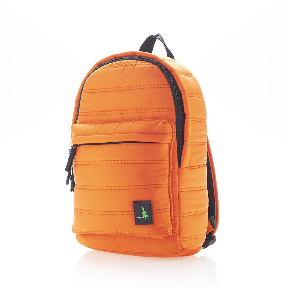 Mueslii original puffer daily backpack made of made of matte nylon and Ykk zips, color orange, light and confortable.