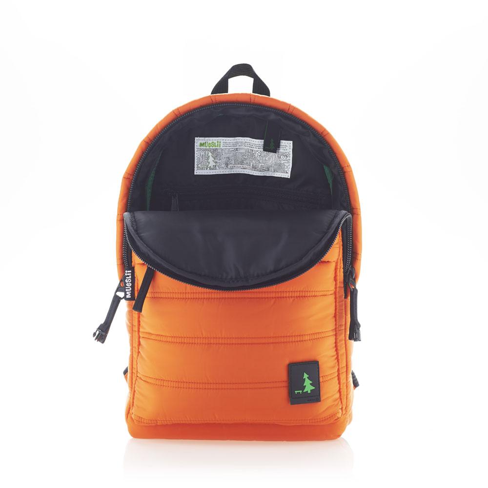 Mueslii original puffer daily backpack made of made of matte nylon and Ykk zips, color orange, inside view.