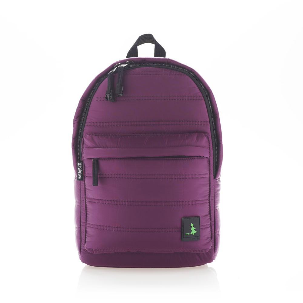 Mueslii original puffer daily backpack made of made of matte nylon and Ykk zips, color purple, front view.