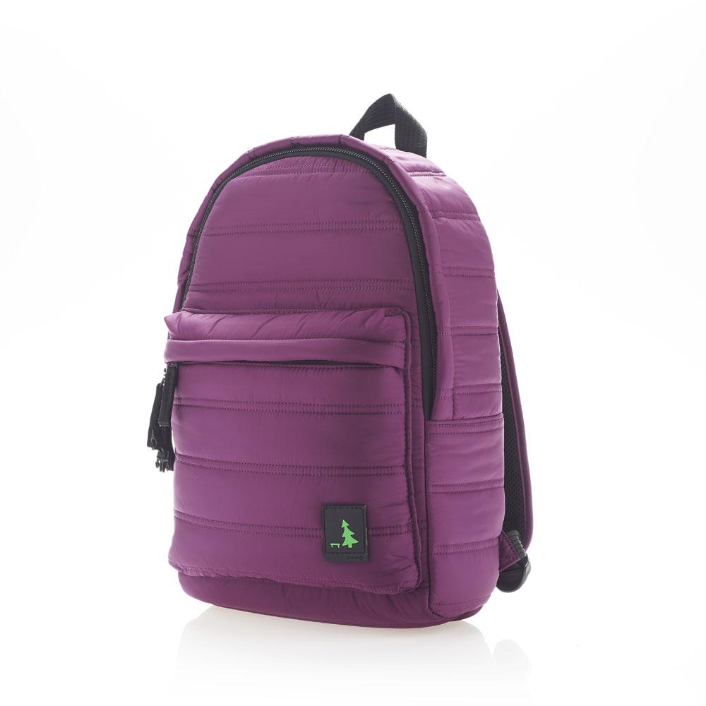 Mueslii original puffer daily backpack made of made of matte nylon and Ykk zips, color purple, unisex model.