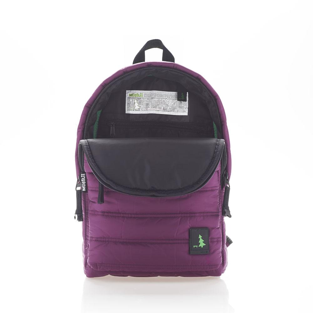 Mueslii original puffer daily backpack made of made of matte nylon and Ykk zips, color purple, inside view.