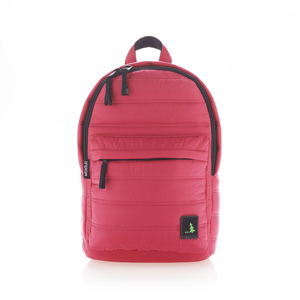 Mueslii original puffer daily backpack made of made of matte nylon and Ykk zips, color pink, front view.