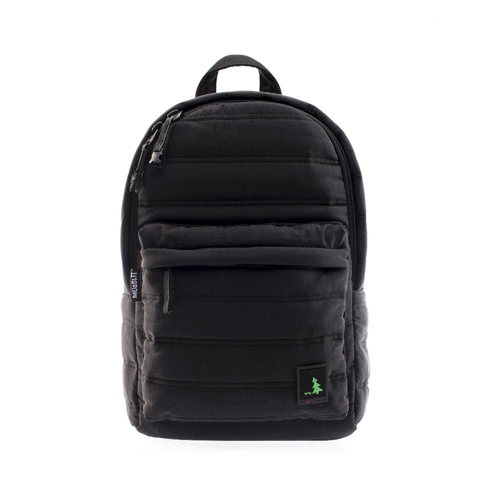 Mueslii original puffer daily backpack made of high density nylon and Ykk zips, color black-crinkle nylon, front view.