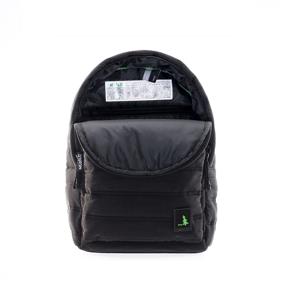 Mueslii original puffer daily backpack made of high density nylon and Ykk zips, color black, inside view.