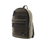 Mueslii original puffer daily backpack made of high density nylon and Ykk zips, color green crinkle-nylon, unisex model.