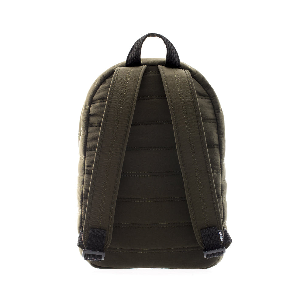 Mueslii original puffer daily backpack made of high density nylon and Ykk zips, color green crinkle-nylon, back view.