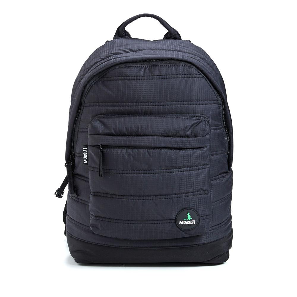 Mueslii original puffer laptop backpack made of high density nylon and Ykk zips, color matte black, front view.
