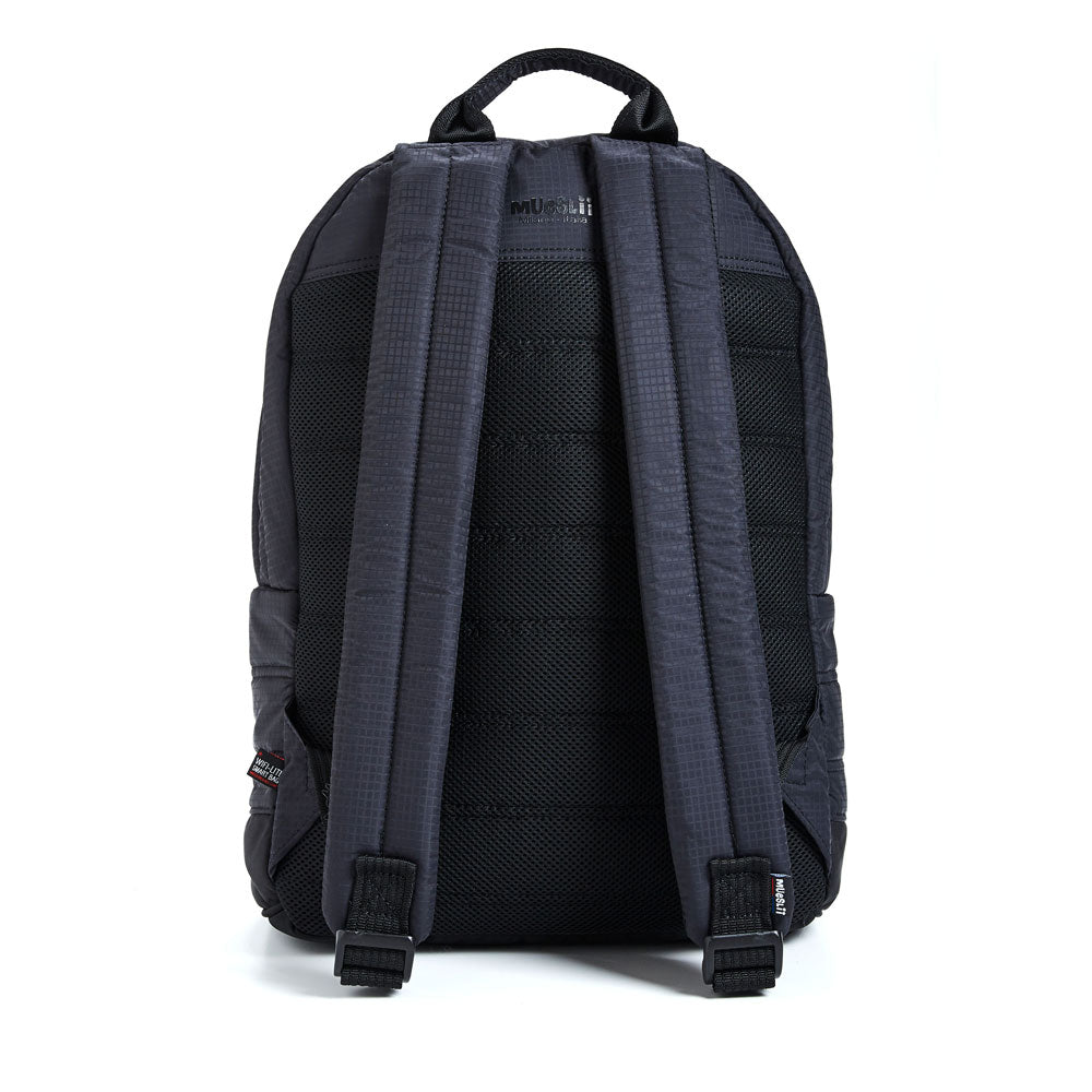 Mueslii original puffer laptop backpack made of high density nylon and Ykk zips, color matte black, back view.