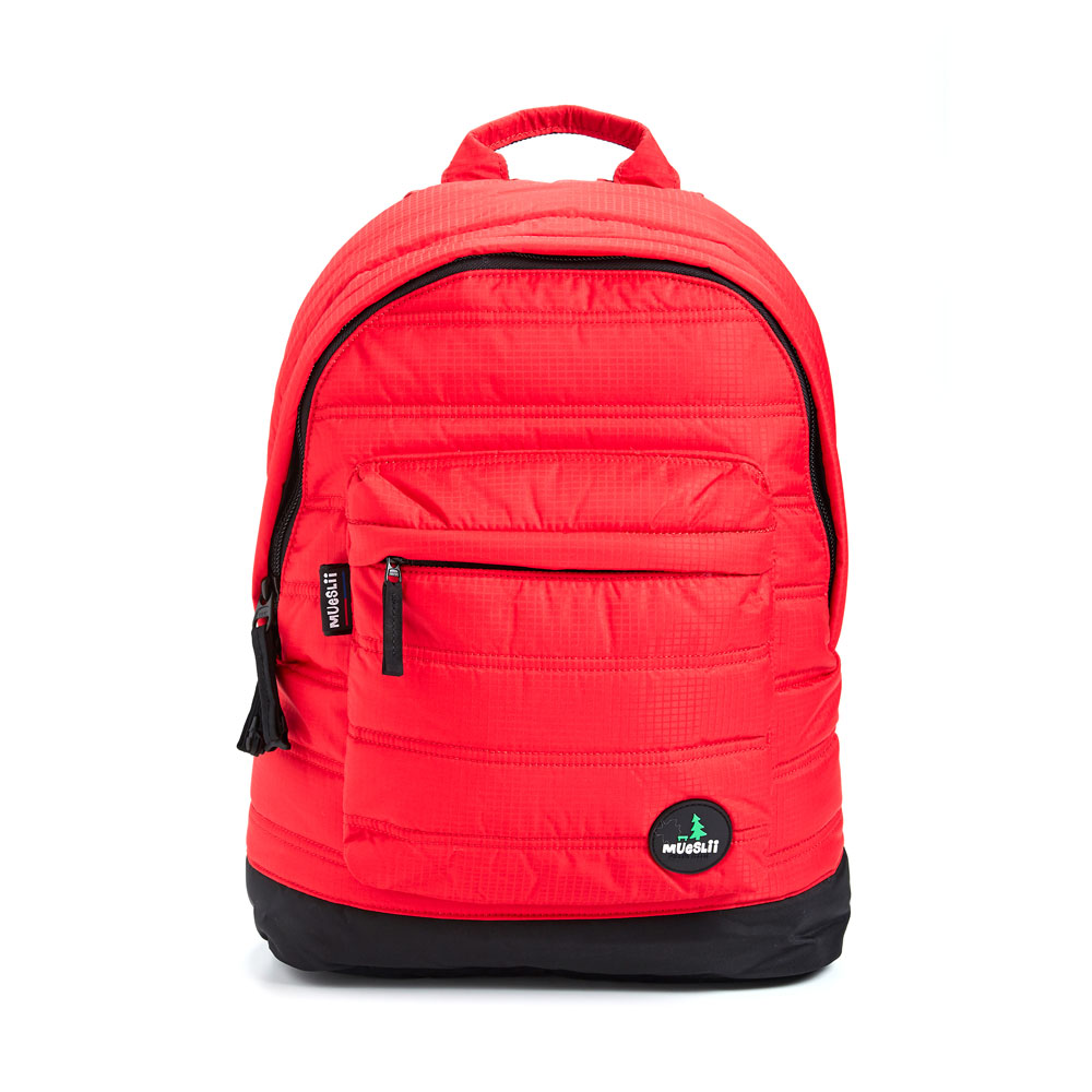 Mueslii original puffer laptop backpack made of high density nylon and Ykk zips, color  matte red, front view.