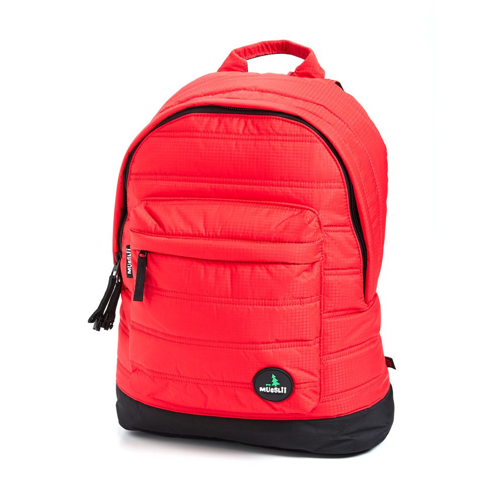 Mueslii original puffer laptop backpack made of high density nylon and Ykk zips, color  matte red, light and comfortable.