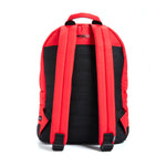 Mueslii original puffer laptop backpack made of high density nylon and Ykk zips, color matte red, back view.