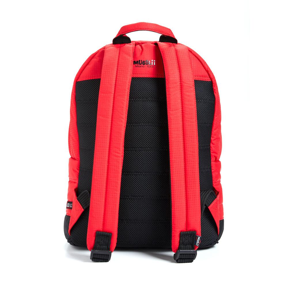 Mueslii original puffer laptop backpack made of high density nylon and Ykk zips, color matte red, back view.