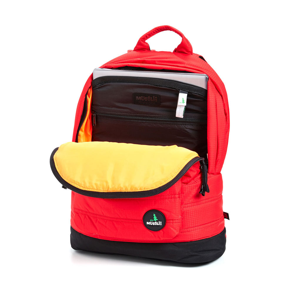 Mueslii original puffer laptop backpack made of high density nylon and Ykk zips, color matte red, inside view.