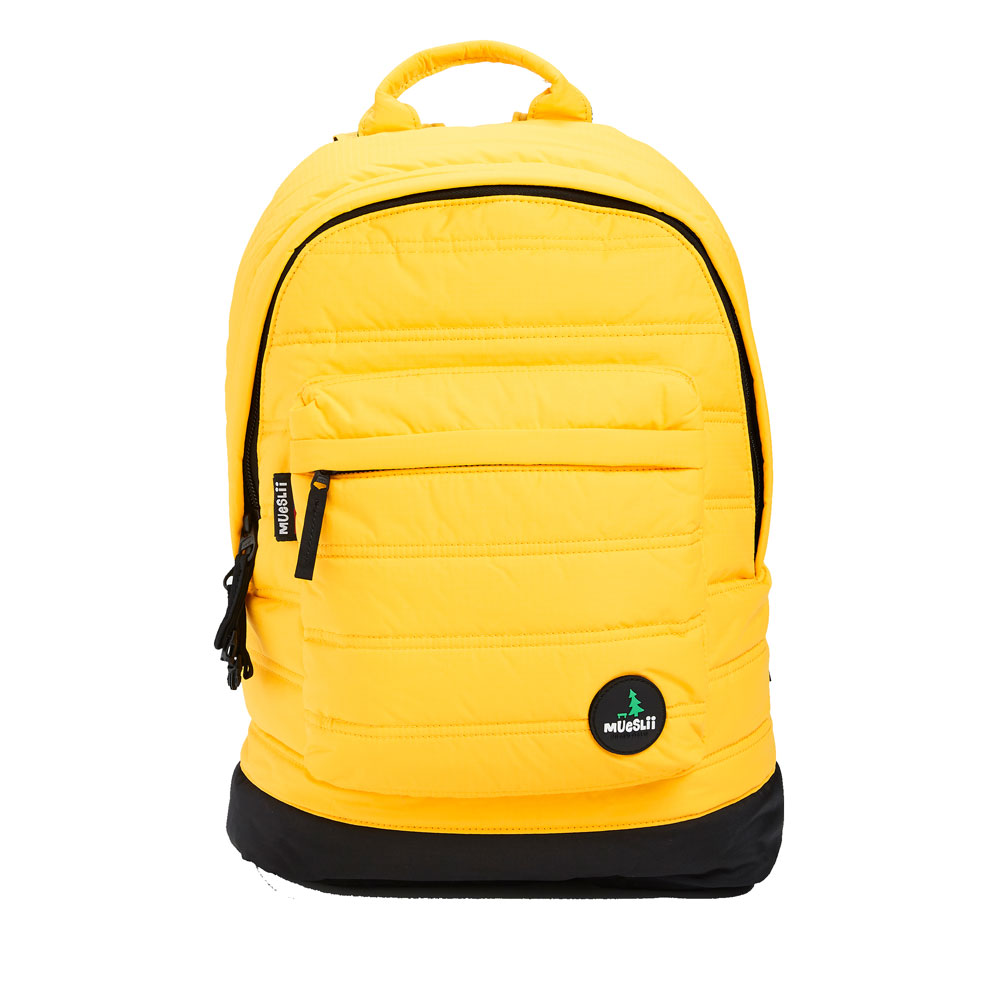 Mueslii original puffer laptop backpack made of high density nylon and Ykk zips, color matte yellow, front view.
