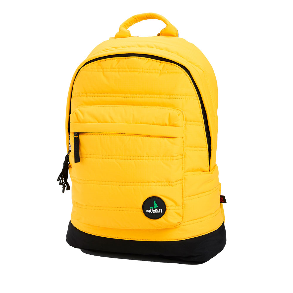 Mueslii original puffer laptop backpack made of high density nylon and Ykk zips, color matte yellow, extra security Ykk fastening clip.
