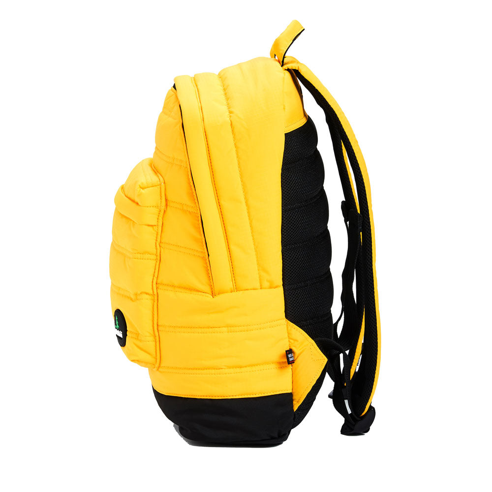 Mueslii original puffer laptop backpack made of high density nylon and Ykk zips, color matte yellow, side view.