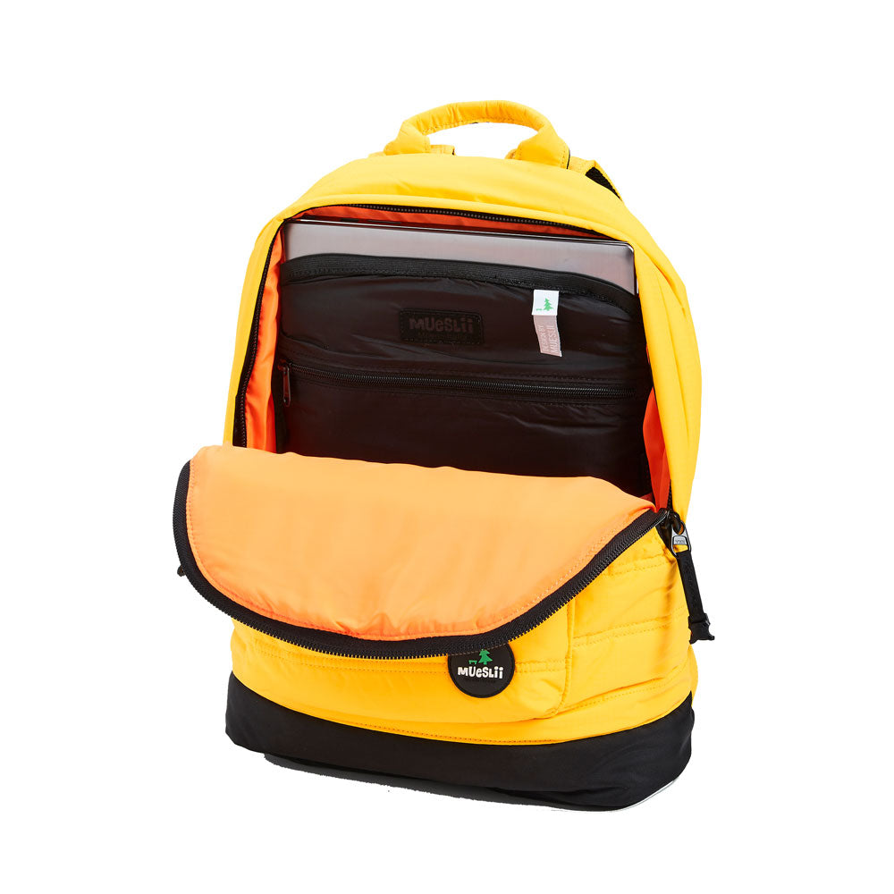 Mueslii original puffer laptop backpack made of high density nylon and Ykk zips, color matte yelllow, inside view.