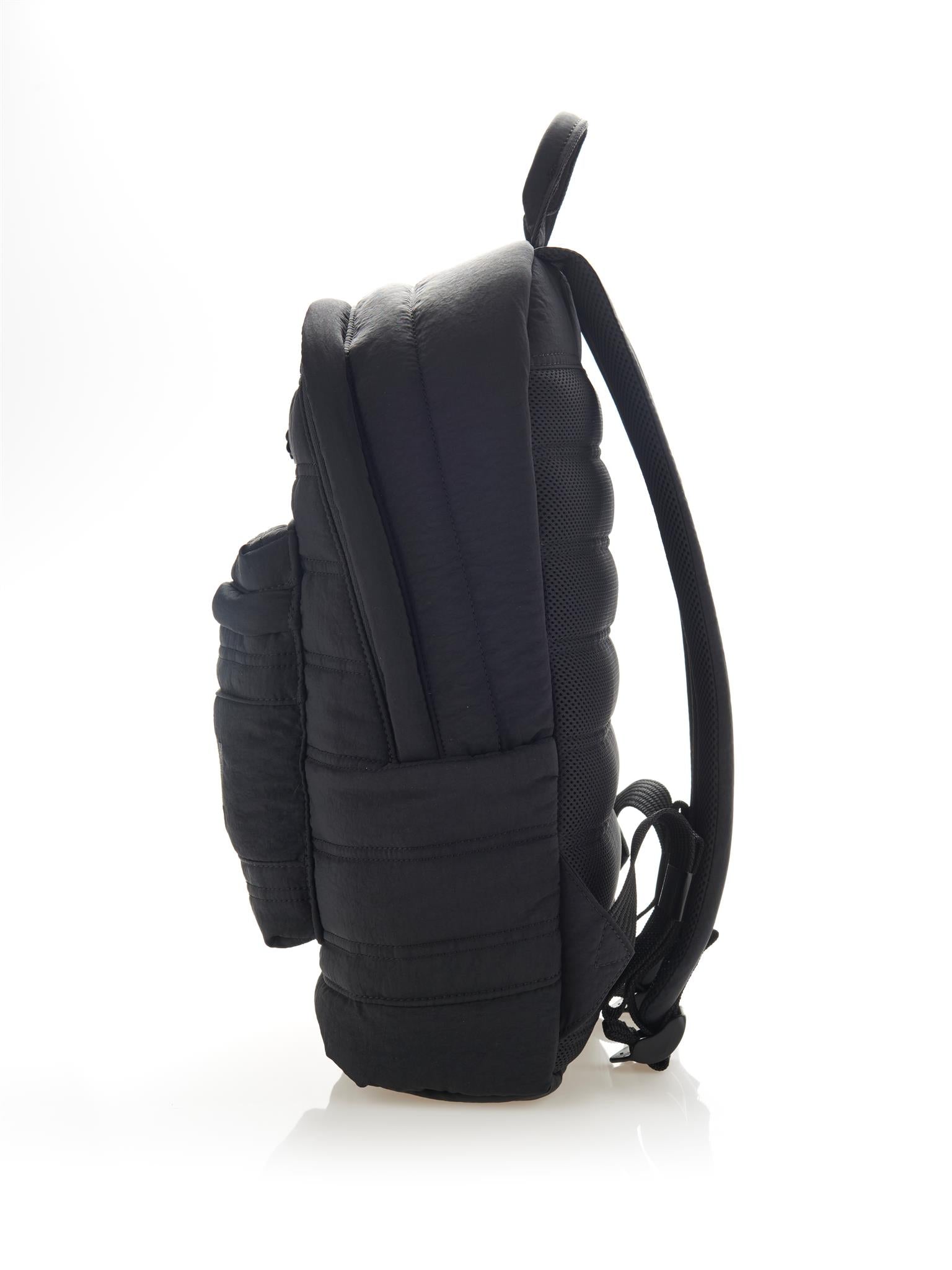 Mueslii original puffer laptop backpack made of high density nylon and Ykk zips, color matte black, side view.