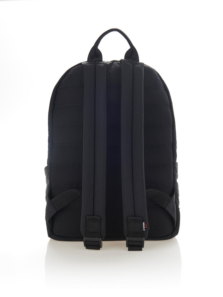 Mueslii original puffer daily backpack made with crinkle nylon and Ykk zips. Limited edition, color black, back view.