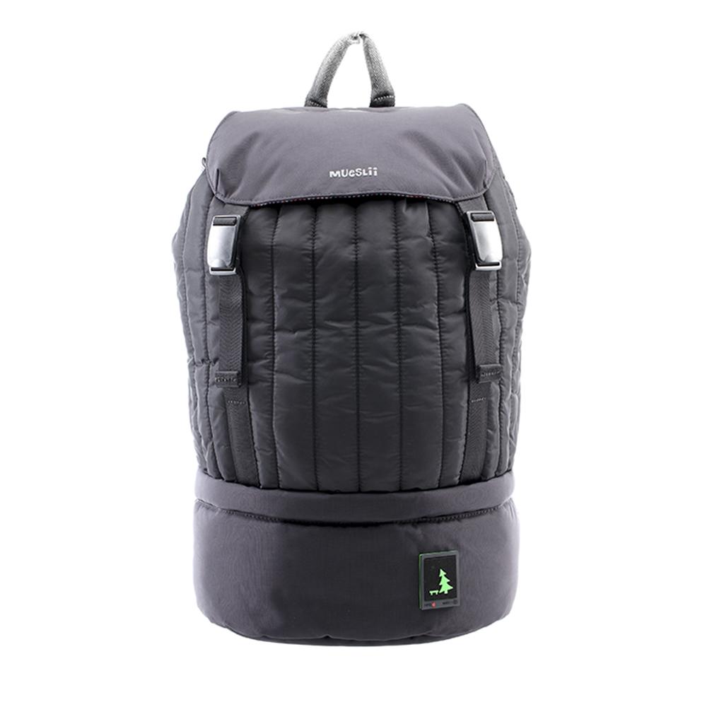 Mueslii puffer top loader made of Cordura nylon and Ykk zips, color black, capacity 25 liters, front view.