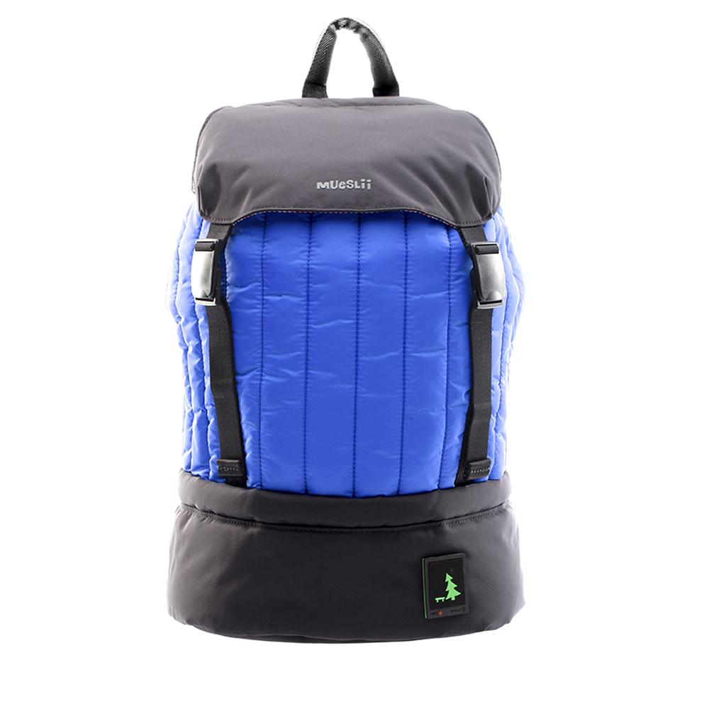 Mueslii puffer top loader made of Cordura nylon and Ykk zips, color black and blue, capacity 25 liters.
