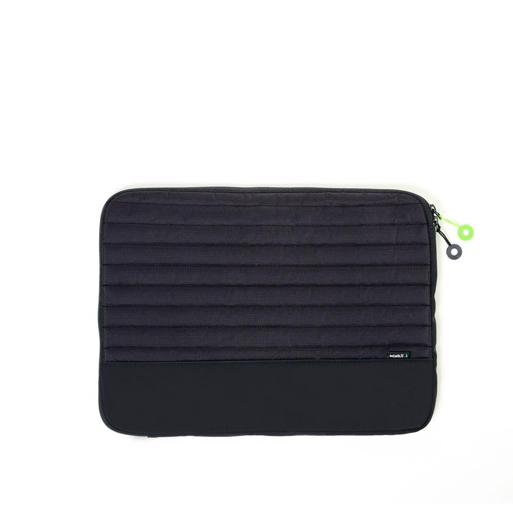 Mueslii 16" padded laptop sleeves made of rip stop nylon and Ykk zips, color rip stop black, front view.