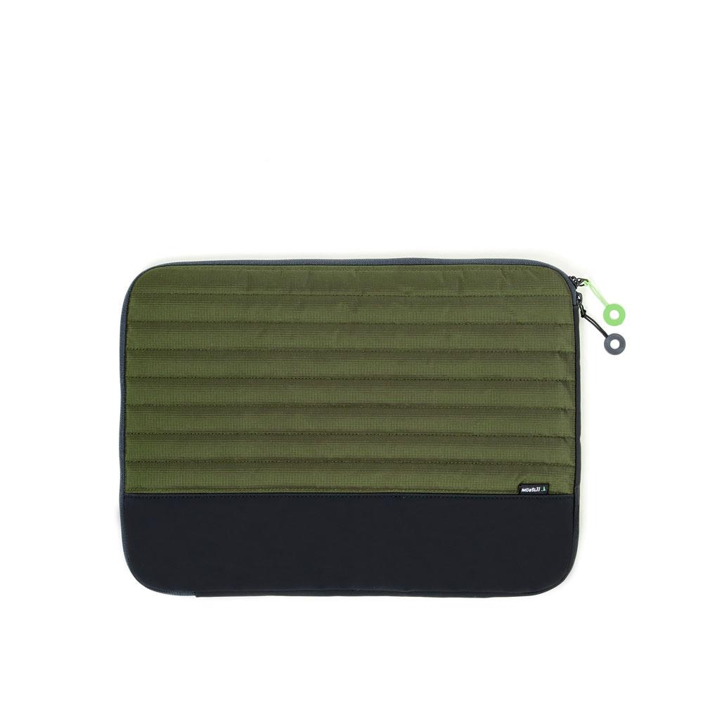 Mueslii 16" padded laptop sleeves made of rip stop nylon and Ykk zips, color  rip stop green, front view.