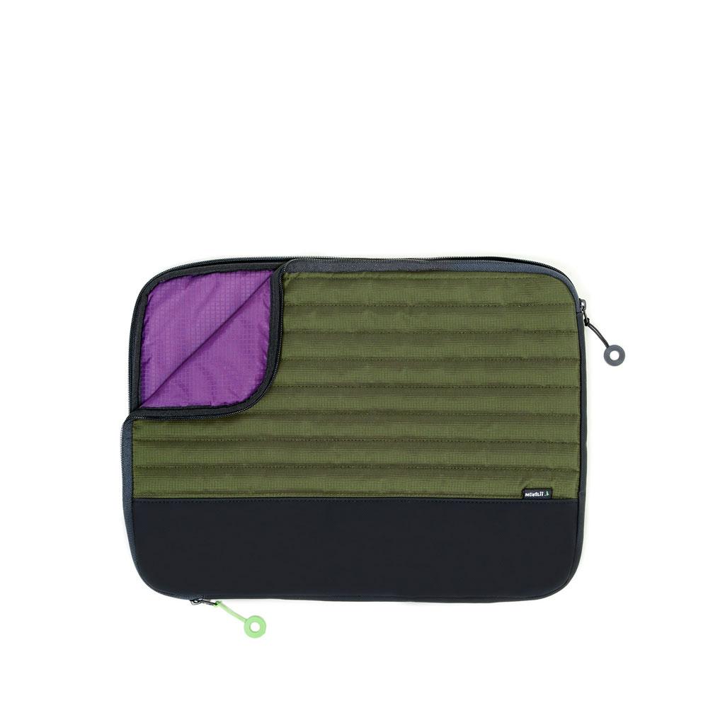 Mueslii 16" padded laptop sleeves made of rip stop nylon and Ykk zips, color rip stop green, inside view.