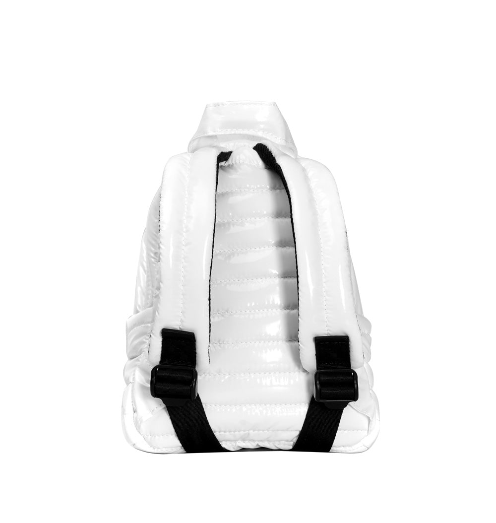 Mueslii original puffer extra small pack made of high density nylon and Ykk zips, color white, back view.