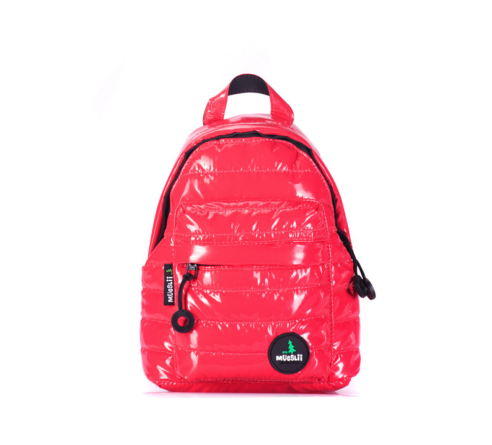 Mueslii original puffer extra small pack made of high density nylon and Ykk zips, color pink red.